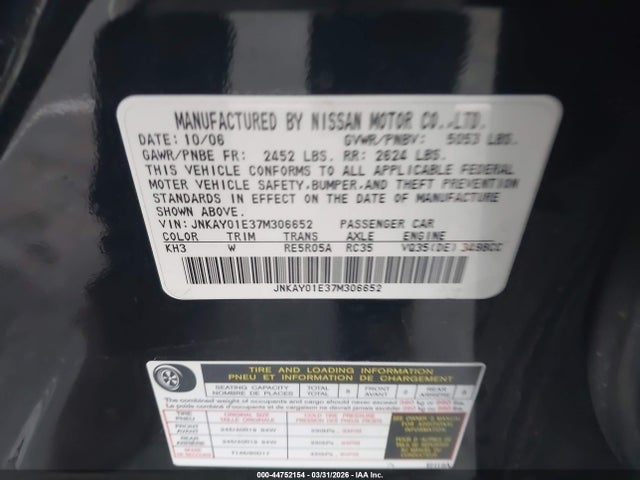 Aukcja sprzedaży 2007 Infiniti M35 Sport, vin: JNKAY01E37M306652, numer aukcji: 44752154