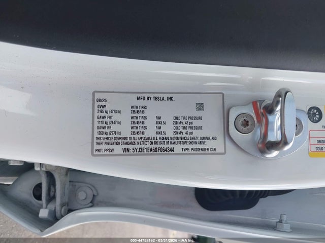 Aukcja sprzedaży 2025 Tesla Model 3 Long Range Rear-wheel Drive/standard Rear-wheel Drive, vin: 5YJ3E1EA6SF064344, numer aukcji: 44752162