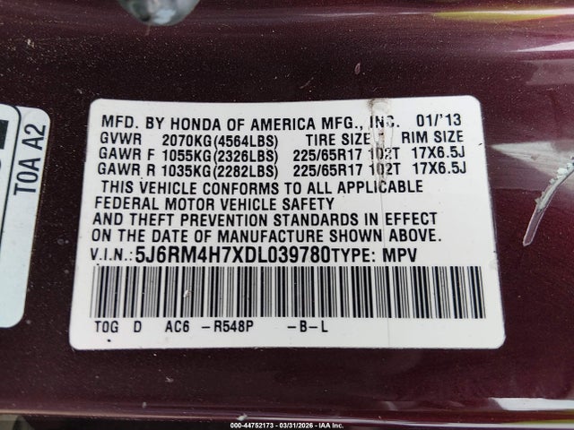 Продажа на аукционе авто 2013 Honda Cr-v Ex-l, vin: 5J6RM4H7XDL039780, номер лота: 44752173