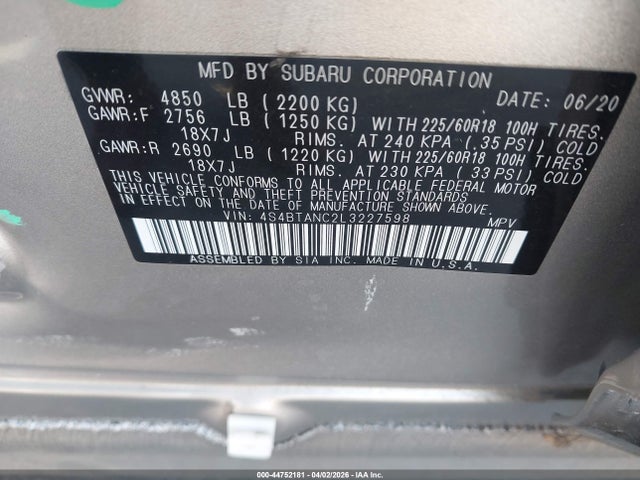 2020 Subaru Outback Limited მანქანა იყიდება აუქციონზე, vin: 4S4BTANC2L3227598, აუქციონის ნომერი: 44752181