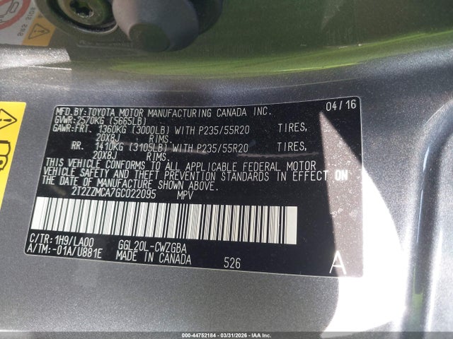 Aukcja sprzedaży 2016 Lexus Rx 350, vin: 2T2ZZMCA7GC022095, numer aukcji: 44752184