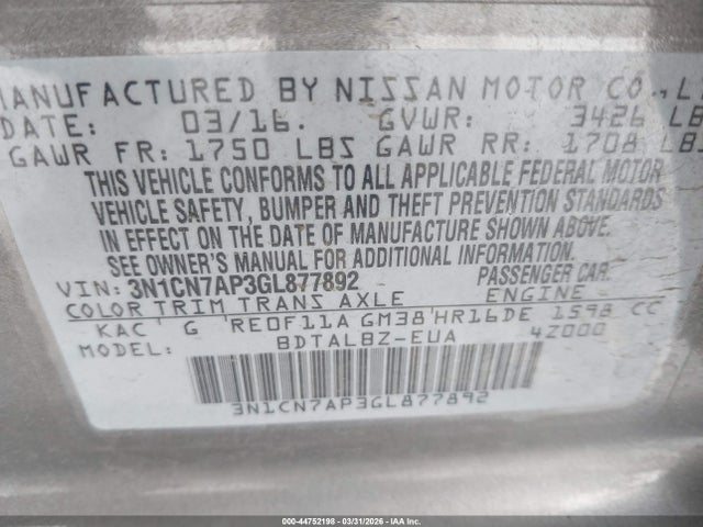 Nissan Versa 1.6 Sv 2016 3N1CN7AP3GL877892 Image 9