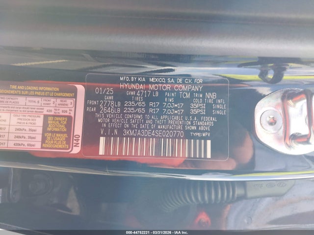 Продажа на аукционе авто 2025 Hyundai Tucson Se, vin: 3KMJA3DE4SE020770, номер лота: 44752221
