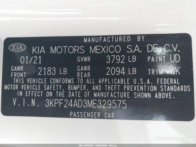 Aukcja sprzedaży 2021 Kia Forte Lxs, vin: 3KPF24AD3ME329575, numer aukcji: 44752233
