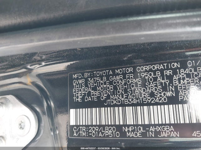 JTDKDTB34H1592420 Toyota Prius C Four