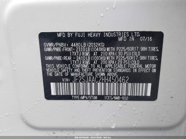 2017 Subaru Forester 2.5i მანქანა იყიდება აუქციონზე, vin: JF2SJAAC2HH450462, აუქციონის ნომერი: 44752246
