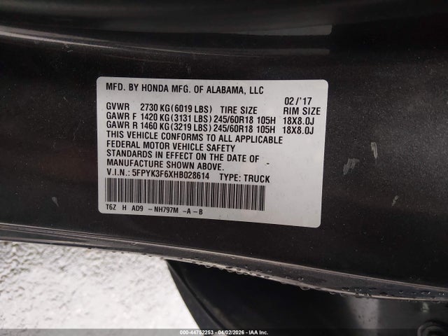 Продаж на аукціоні авто 2017 Honda Ridgeline Rtl-t, vin: 5FPYK3F6XHB028614, номер лоту: 44752253