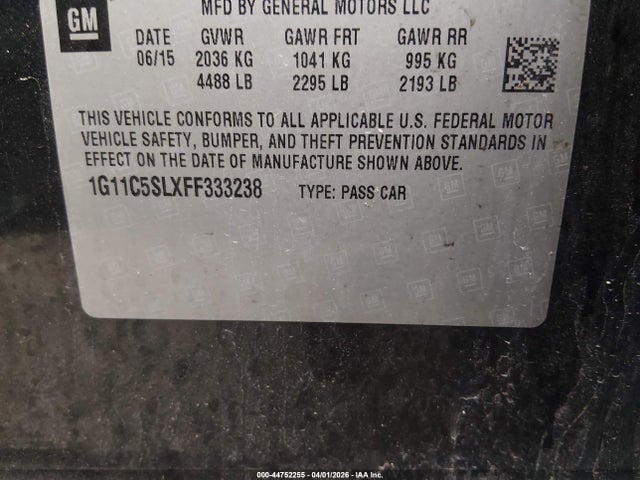 Продаж на аукціоні авто 2015 Chevrolet Malibu 1lt, vin: 1G11C5SLXFF333238, номер лоту: 44752255