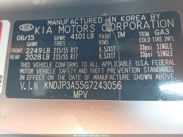 44752265 :رقم المزاد ، KNDJP3A55G7243056 vin ، 2016 Kia Soul + مزاد بيع