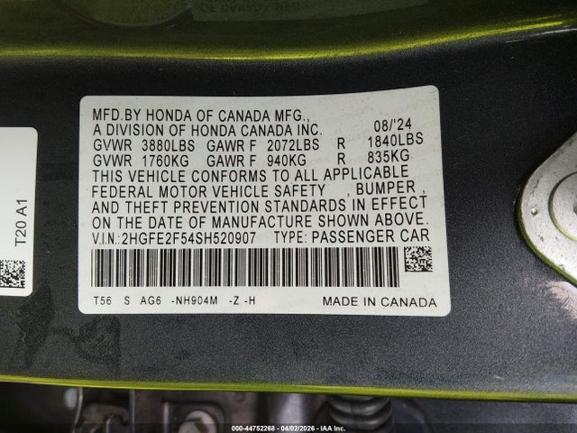 2025 Honda Civic Sport მანქანა იყიდება აუქციონზე, vin: 2HGFE2F54SH520907, აუქციონის ნომერი: 44752268