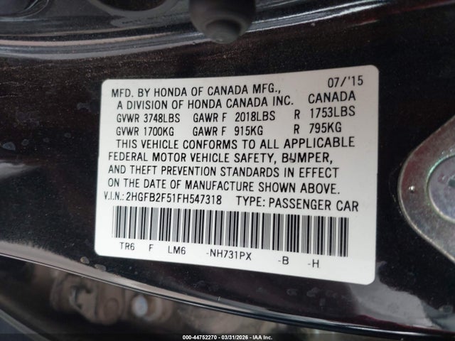 44752270 :رقم المزاد ، 2HGFB2F51FH547318 vin ، 2015 Honda Civic Lx مزاد بيع