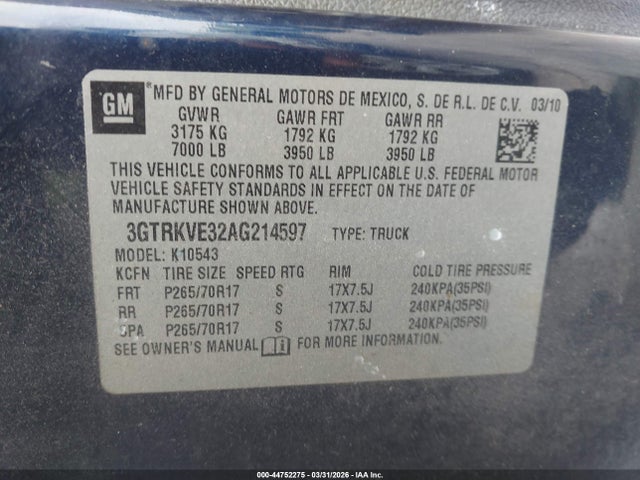 Aukcja sprzedaży 2010 Gmc Sierra 1500 Sle, vin: 3GTRKVE32AG214597, numer aukcji: 44752275