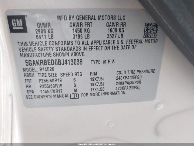 Продажа на аукционе авто 2011 Buick Enclave 1xl, vin: 5GAKRBED0BJ413038, номер лота: 44752279