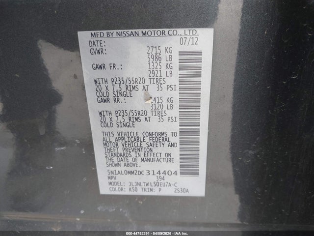 Aukcja sprzedaży 2013 Infiniti Jx35, vin: 5N1AL0MM2DC314404, numer aukcji: 44752291