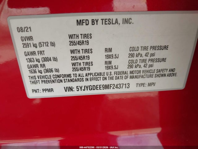 44752295 :رقم المزاد ، 5YJYGDEE9MF243713 vin ، 2021 Tesla Model Y Long Range Dual Motor All-wheel Drive مزاد بيع