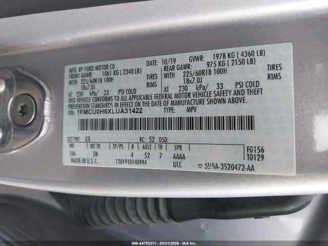 2020 Ford Escape Sel მანქანა იყიდება აუქციონზე, vin: 1FMCU0H6XLUA31422, აუქციონის ნომერი: 44752317