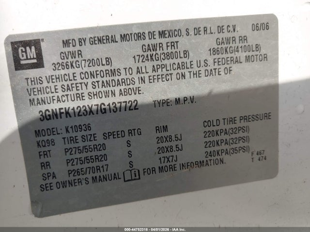 2007 Chevrolet Avalanche 1500 Lt მანქანა იყიდება აუქციონზე, vin: 3GNFK123X7G137722, აუქციონის ნომერი: 44752318