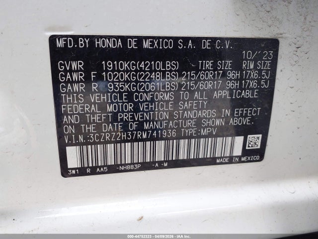 44752323 :رقم المزاد ، 3CZRZ2H37RM741936 vin ، 2024 Honda Hr-v Awd Lx مزاد بيع