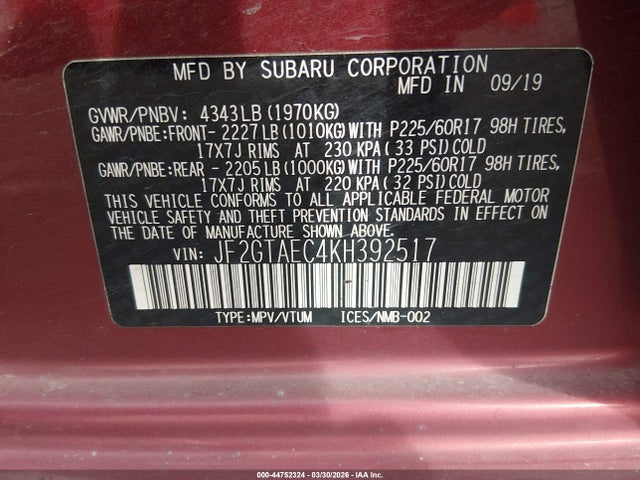 Aukcja sprzedaży 2019 Subaru Crosstrek 2.0i Premium, vin: JF2GTAEC4KH392517, numer aukcji: 44752324