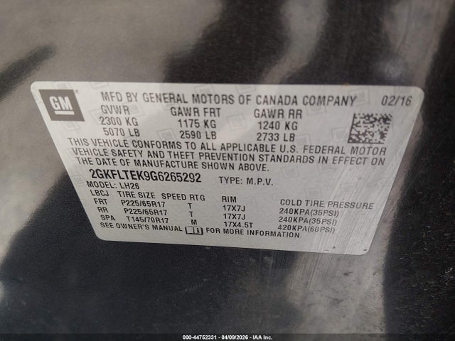 Продажа на аукционе авто 2016 Gmc Terrain Sle-2, vin: 2GKFLTEK9G6265292, номер лота: 44752331