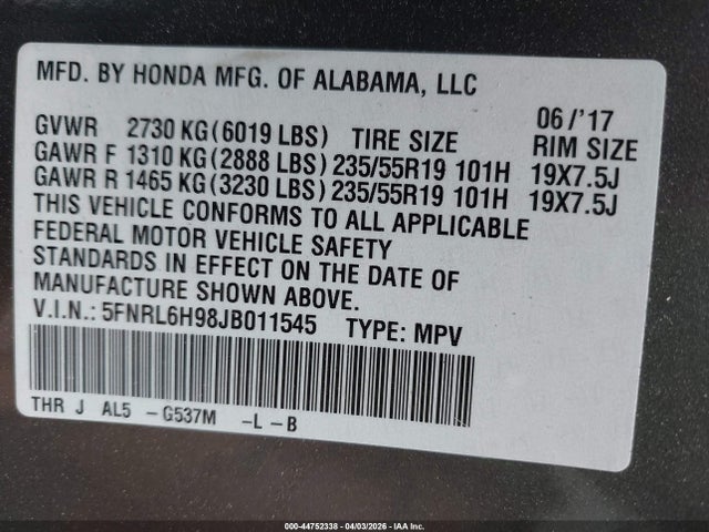 Продаж на аукціоні авто 2018 Honda Odyssey Elite, vin: 5FNRL6H98JB011545, номер лоту: 44752338