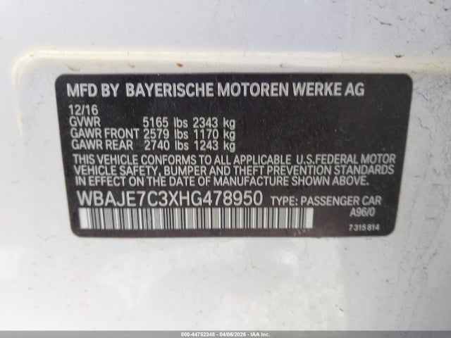 44752348 :رقم المزاد ، WBAJE7C3XHG478950 vin ، 2017 Bmw 540i Xdrive مزاد بيع