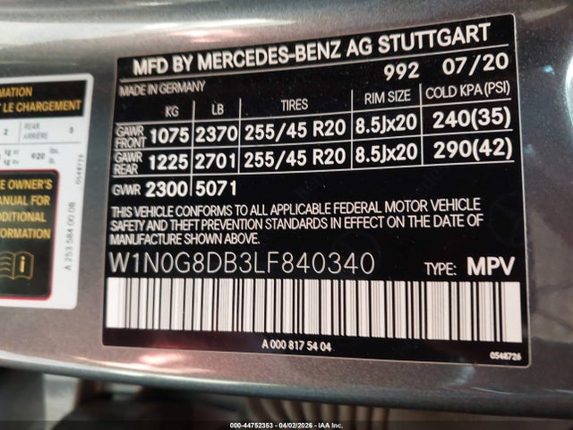 Aukcja sprzedaży 2020 Mercedes-benz Glc 300, vin: W1N0G8DB3LF840340, numer aukcji: 44752353