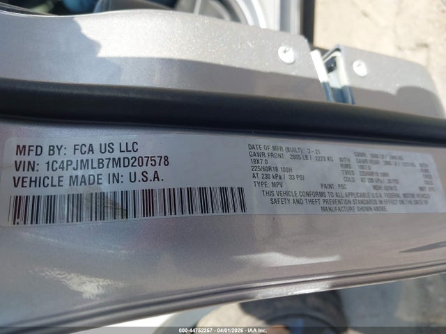 2021 Jeep Cherokee Altitude 4x4 მანქანა იყიდება აუქციონზე, vin: 1C4PJMLB7MD207578, აუქციონის ნომერი: 44752357
