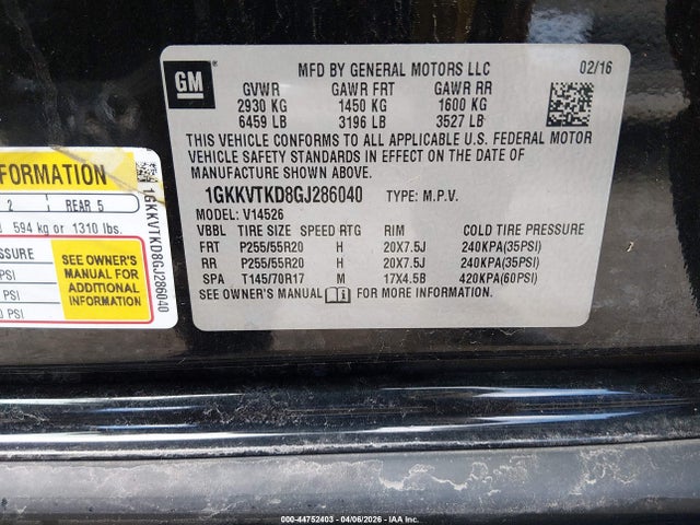 44752403 :رقم المزاد ، 1GKKVTKD8GJ286040 vin ، 2016 Gmc Acadia Denali مزاد بيع