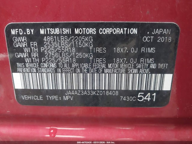 2019 MITSUBISHI OUTLANDER JA4AZ3A33KZ018408 Photo 8