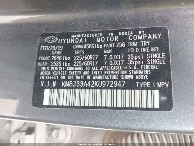 Aukcja sprzedaży 2019 Hyundai Tucson Value, vin: KM8J33A42KU972947, numer aukcji: 44752441