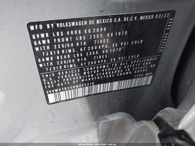 44752454 :رقم المزاد ، 3VVWX7B2XNM055316 vin ، 2022 Volkswagen Taos 1.5t Se مزاد بيع