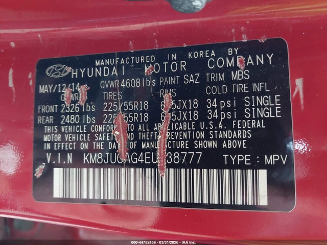 Продажа на аукционе авто 2014 Hyundai Tucson Limited, vin: KM8JUCAG4EU938777, номер лота: 44752456