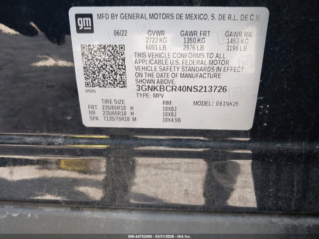Aukcja sprzedaży 2022 Chevrolet Blazer Fwd 2lt, vin: 3GNKBCR40NS213726, numer aukcji: 44752480