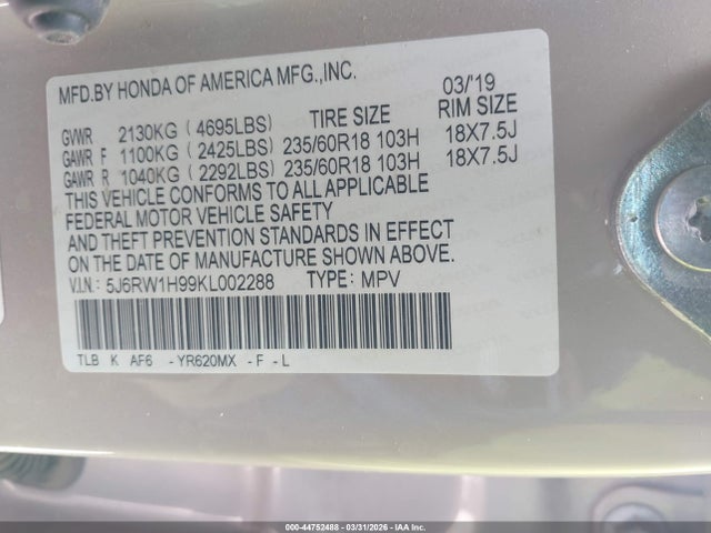 44752488 :رقم المزاد ، 5J6RW1H99KL002288 vin ، 2019 Honda Cr-v Touring مزاد بيع