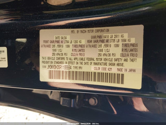 44752494 :رقم المزاد ، JM3KKBHD5R1165594 vin ، 2024 Mazda Cx-90 3.3 Turbo Preferred مزاد بيع