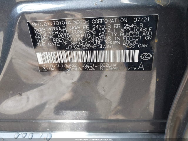 2021 Lexus Is 350 F Sport მანქანა იყიდება აუქციონზე, vin: JTHGZ1B29M5047351, აუქციონის ნომერი: 44752497