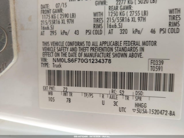 Продажа на аукционе авто 2016 Ford Transit Connect Xlt, vin: NM0LS6F70G1234378, номер лота: 44752499