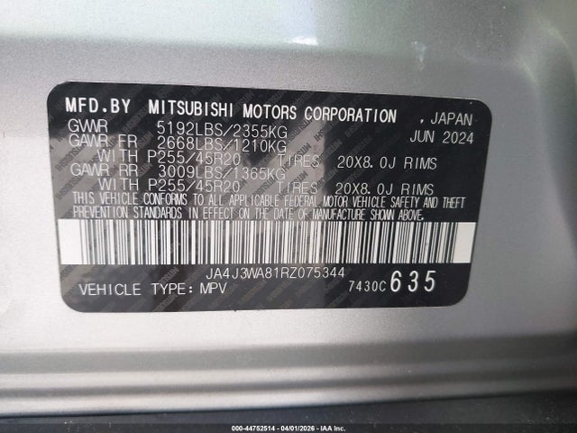 Aukcja sprzedaży 2024 Mitsubishi Outlander Sel 2.5 2wd/sel Black Edition 2wd, vin: JA4J3WA81RZ075344, numer aukcji: 44752514