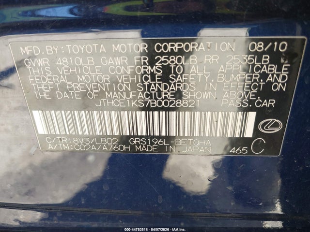 Aukcja sprzedaży 2011 Lexus Gs 350, vin: JTHCE1KS7B0028821, numer aukcji: 44752518