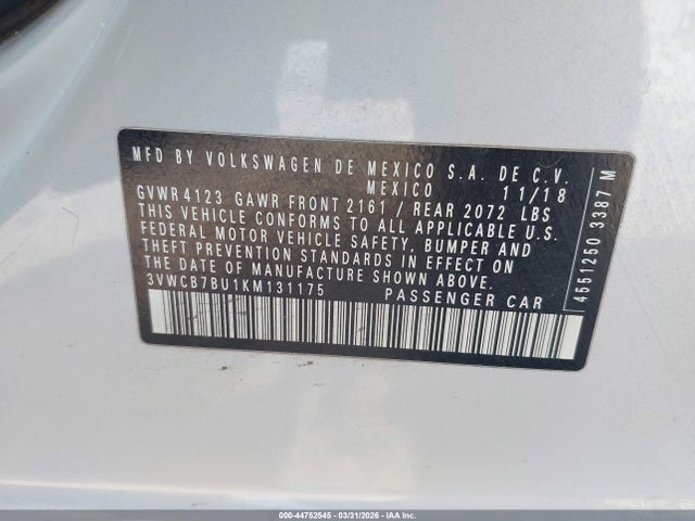 Продаж на аукціоні авто 2019 Volkswagen Jetta 1.4t R-line/1.4t S/1.4t Se, vin: 3VWCB7BU1KM131175, номер лоту: 44752545
