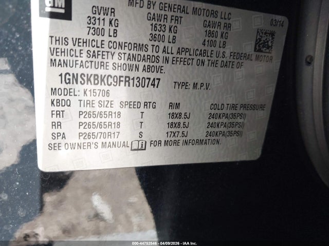 44752546 :رقم المزاد ، 1GNSKBKC9FR130747 vin ، 2015 Chevrolet Tahoe Lt مزاد بيع