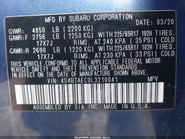 2020 Subaru Outback Premium მანქანა იყიდება აუქციონზე, vin: 4S4BTAEC0L3210041, აუქციონის ნომერი: 44752550