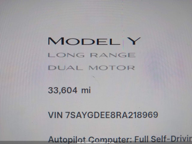 2024 Tesla Model Y Long Range Dual Motor All-wheel Drive მანქანა იყიდება აუქციონზე, vin: 7SAYGDEE8RA218969, აუქციონის ნომერი: 44752559