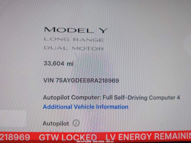2024 Tesla Model Y Long Range Dual Motor All-wheel Drive მანქანა იყიდება აუქციონზე, vin: 7SAYGDEE8RA218969, აუქციონის ნომერი: 44752559