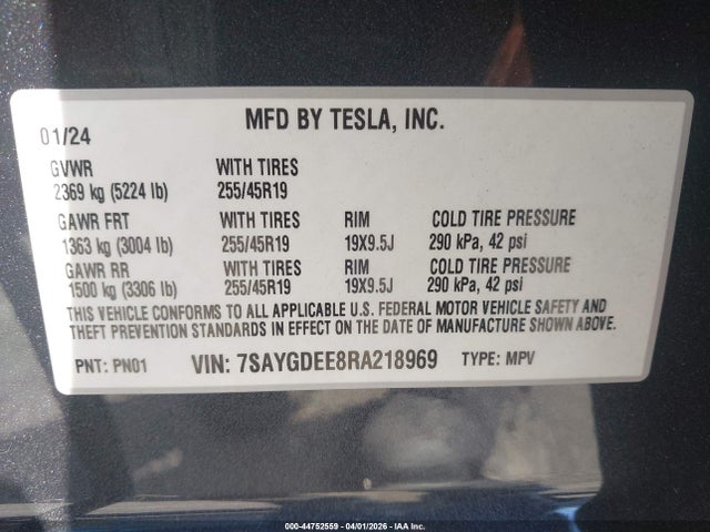 2024 Tesla Model Y Long Range Dual Motor All-wheel Drive მანქანა იყიდება აუქციონზე, vin: 7SAYGDEE8RA218969, აუქციონის ნომერი: 44752559
