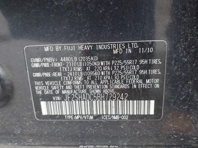 Продаж на аукціоні авто 2011 Subaru Forester 2.5x Premium, vin: JF2SHADC5BH729242, номер лоту: 44752561