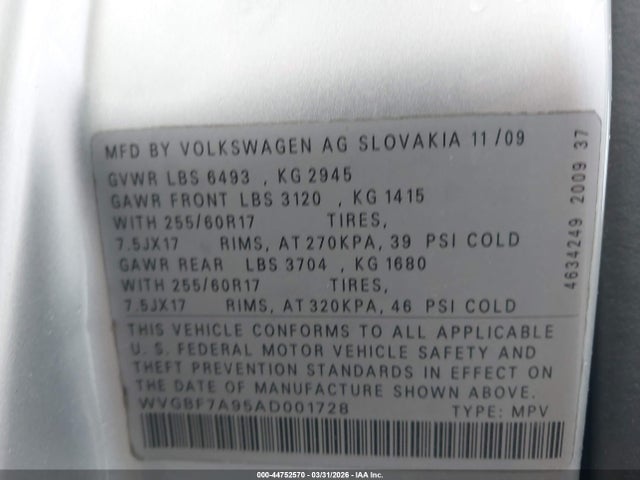 2010 Volkswagen Touareg Vr6 Fsi მანქანა იყიდება აუქციონზე, vin: WVGBF7A95AD001728, აუქციონის ნომერი: 44752570