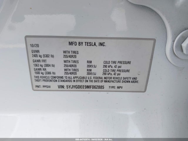 2021 Tesla Model Y Long Range Dual Motor All-wheel Drive მანქანა იყიდება აუქციონზე, vin: 5YJYGDEE9MF062885, აუქციონის ნომერი: 44752574