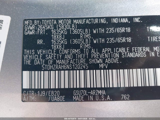 5TDHZRAH6NS120245 Toyota Highlander Xle